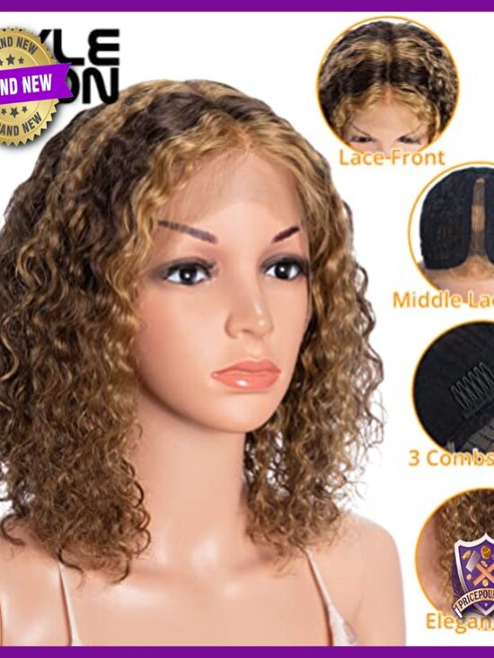 Short Curly Human Hair Wig HD Lace Front Pre Plucked T-Part Deep Wave main image 6